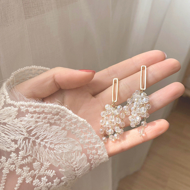 H - Gold Beaded Tassel 925 Sterling Silver Earrings Designer Crystal Drop Earrings Jewelry Gift Women