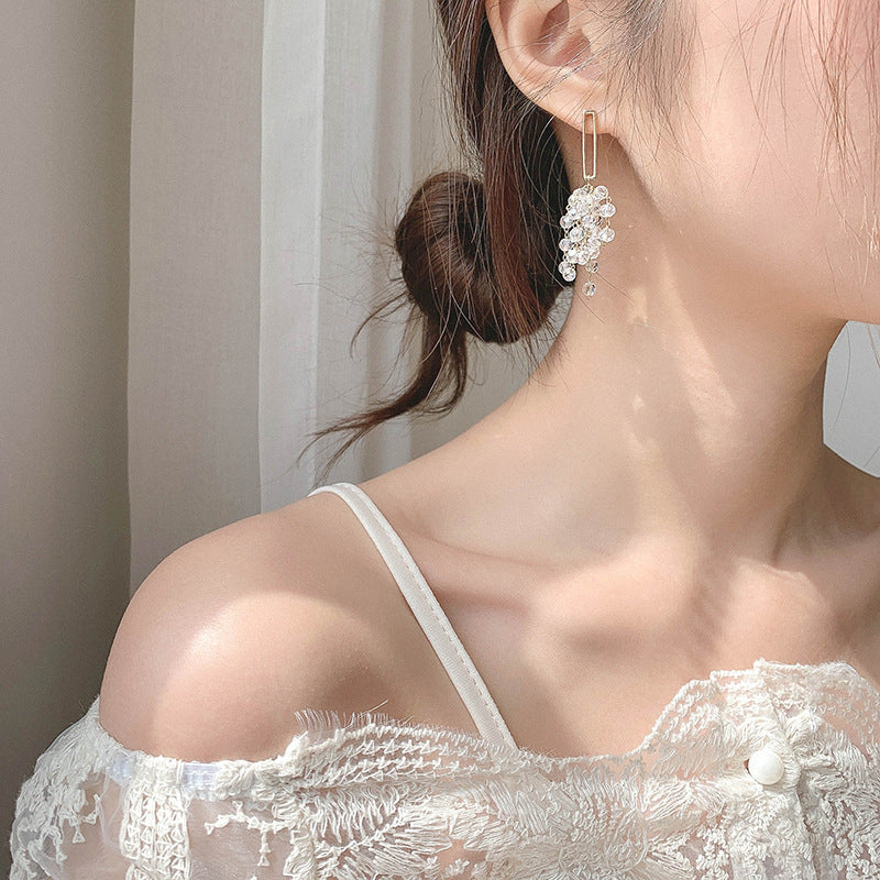 H - Gold Beaded Tassel 925 Sterling Silver Earrings Designer Crystal Drop Earrings Jewelry Gift Women
