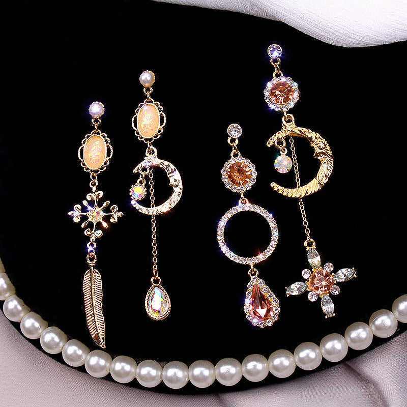 J - Asymmetrical Celestial Crystal Earrings Moon Stars Gold Alloy Rhinestone Fashion Earring Gift