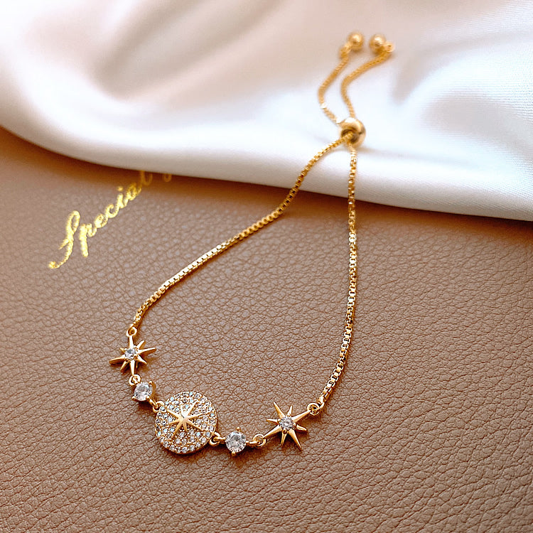 J - 18K Gold Plated Compass Star Diamond Bracelet Dainty Cubic Zirconia Crystal Titanium steel Gift