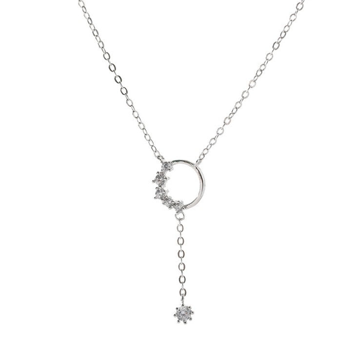 O - Crystal Circle Pendant Necklace 925 Sterling Silver Dangling Zircon Choker Gift