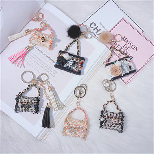 Creative Fur Tassel Ball Diamond Crystal Rhinestone Handbag Car Keychain Ladies Gift Pendant Keyring