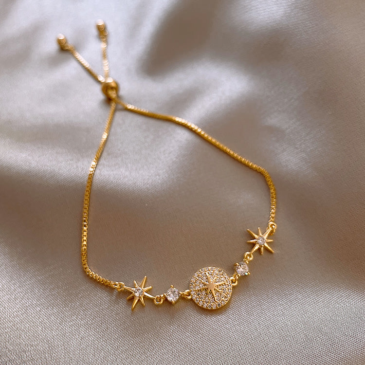 J - 18K Gold Plated Compass Star Diamond Bracelet Dainty Cubic Zirconia Crystal Titanium steel Gift