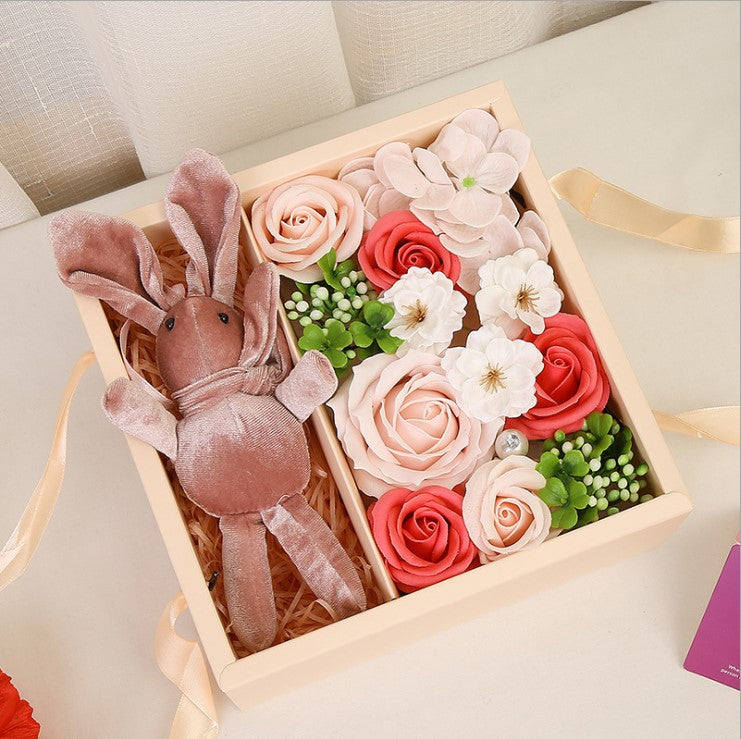 Handmade Velvet Bunny Soap Rose Bouquet Teddy Bear Rabbit Gift Box Pink Red Purple Gifts