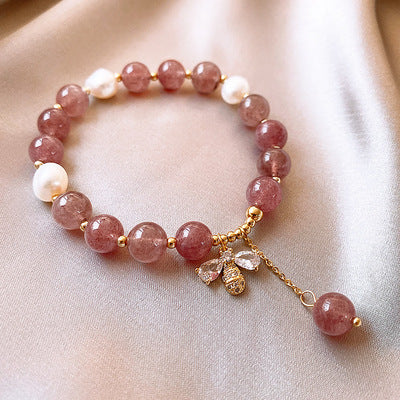 PL - Real Pearl Strawberry Pink Quartz Bee Charm Gold plated bead Bracelet Gift