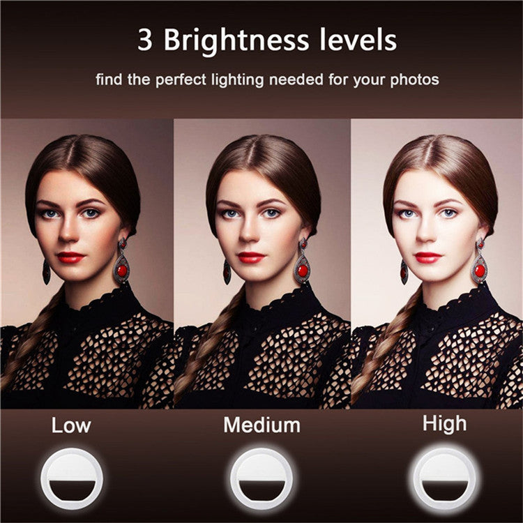 K - Circle Ring Light Clip USB Rechargeable 3 Levels Brightness for Cellphone, Laptop, Selfies