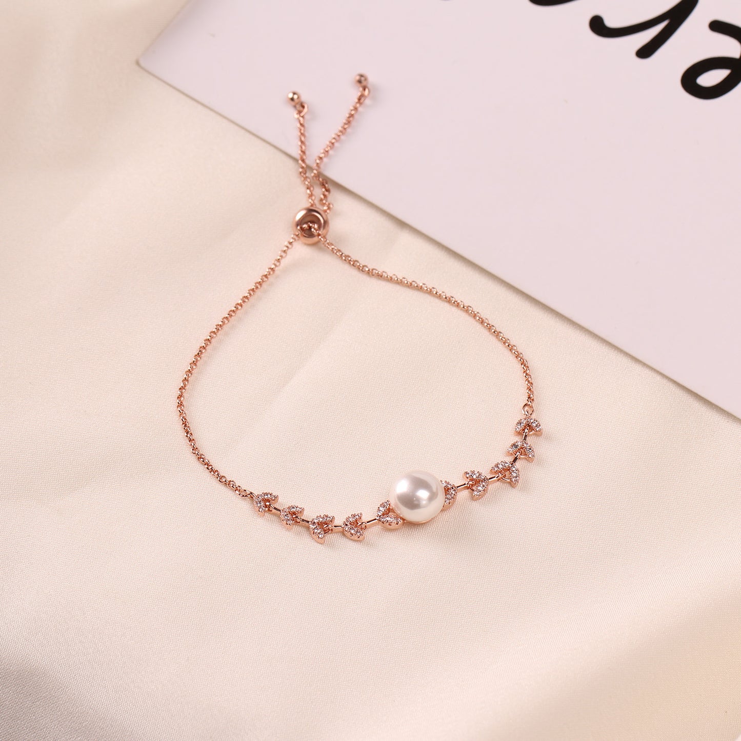New Style Leaf Bead Copper Alloy Charm Bracelet With Freshwater Pearl Rose Gold-Plated Drawable Bracelet For Gift