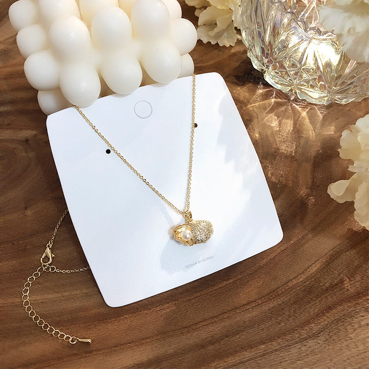 C - 14K Gold Plated Sea Shell Crystal Necklace Pendant Dainty Pearl Gift