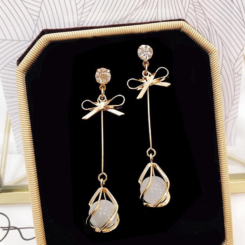 N - Opal Bead Bow Dangle Earrings 925 Sterling Silver Post Gold Drop Earrings Jewelry Gift Women