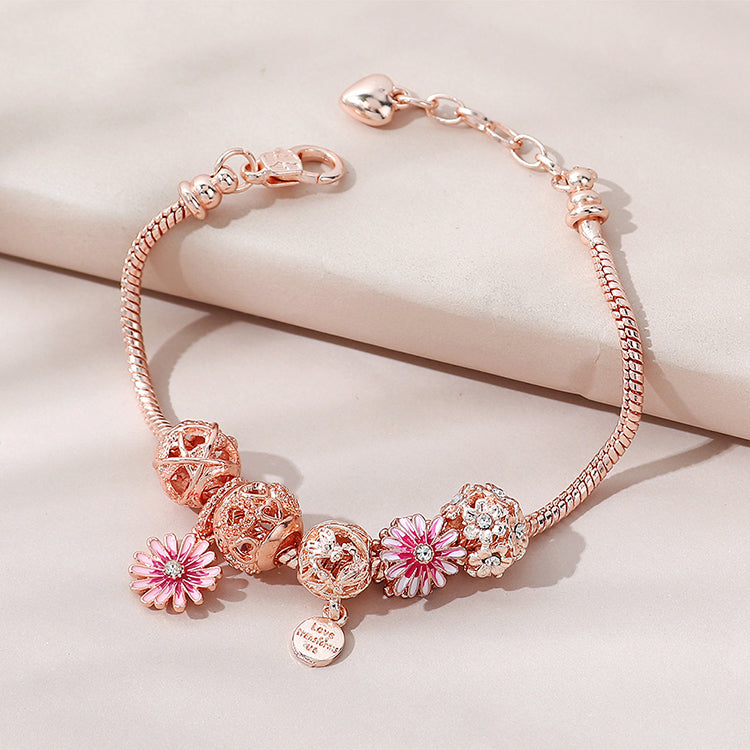 O - Luxury Snake Chain Rhinestone Flower Ball Charms Bracelet Hollow Ball Daisy Beaded Bracelet For Party