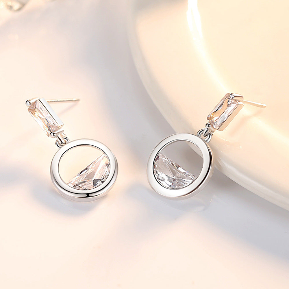 F - Circle Diamond Crystal 925 Sterling Silver Cubic Zirconia Dangle Earrings Gift