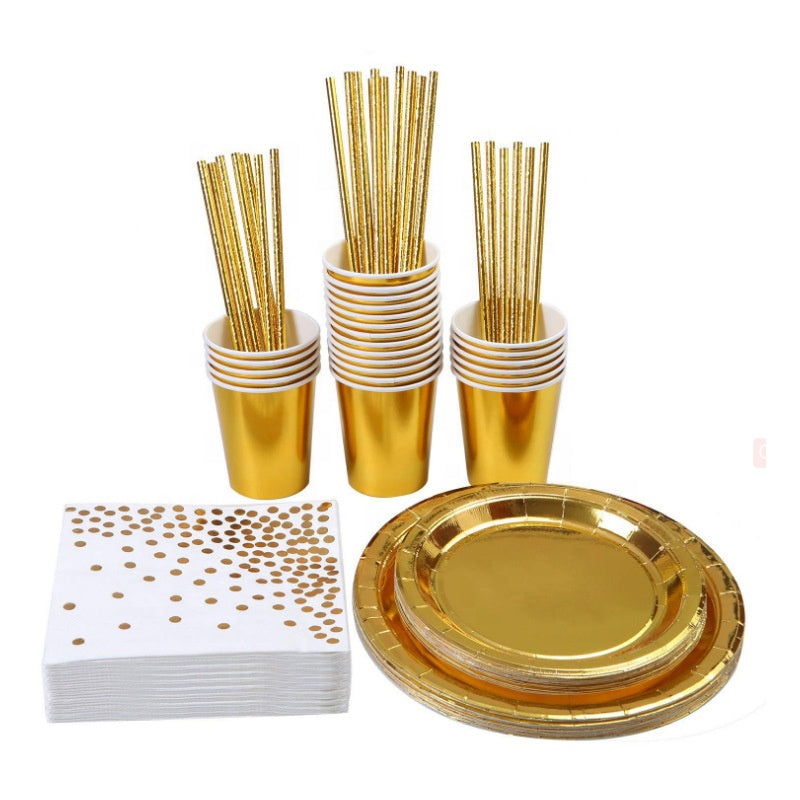 N - 125pc Disposable Golden Dots Tableware Degradable Paper Party Set Cups Plates Straws Napkin