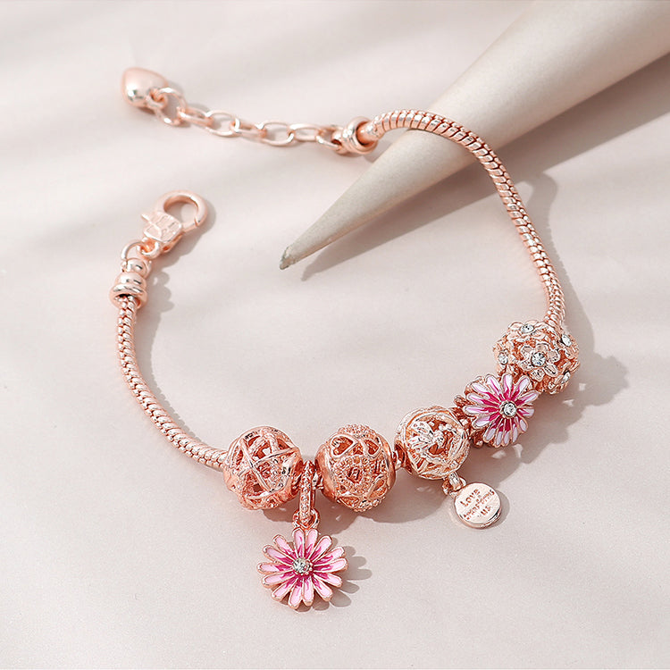 O - Luxury Snake Chain Rhinestone Flower Ball Charms Bracelet Hollow Ball Daisy Beaded Bracelet For Party