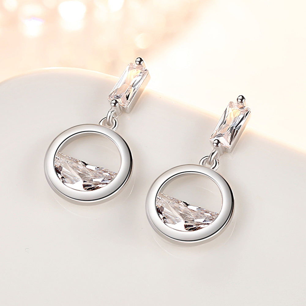F - Circle Diamond Crystal 925 Sterling Silver Cubic Zirconia Dangle Earrings Gift