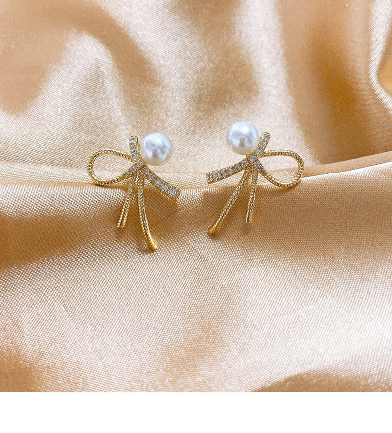 H - Gold Crystal Bow Tie Pearl Earrings Chic 925 Sterling Silver Post Needle Stud