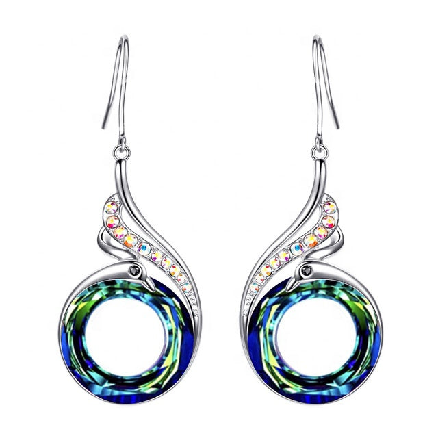 E - Crystal Pheonix Fire & Peacock Feather Circle Dangle Earrings Rhinstone Hook Earring