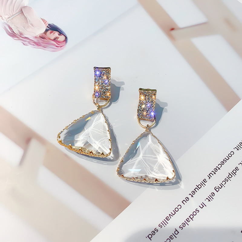 H - Triangle Crystal Prism Earrings 925 Sterling Silver Post Hypoallergenic Clear Crystal Waterdrop Stud Earring Creative Geometric Drop Gift