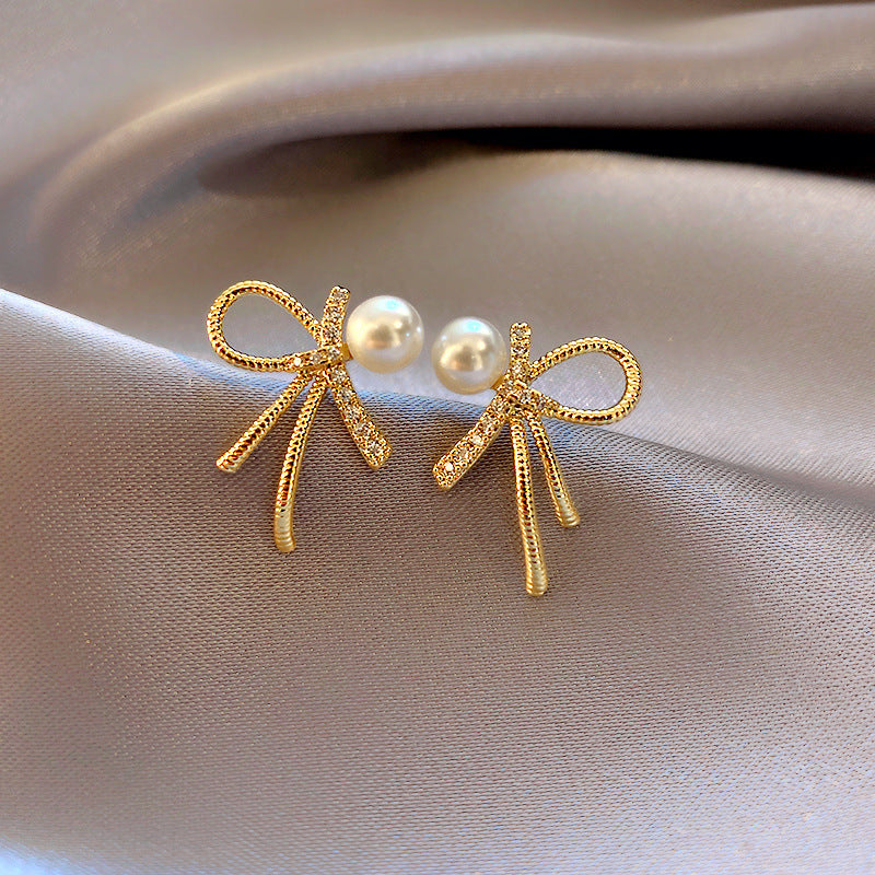 H - Gold Crystal Bow Tie Pearl Earrings Chic 925 Sterling Silver Post Needle Stud