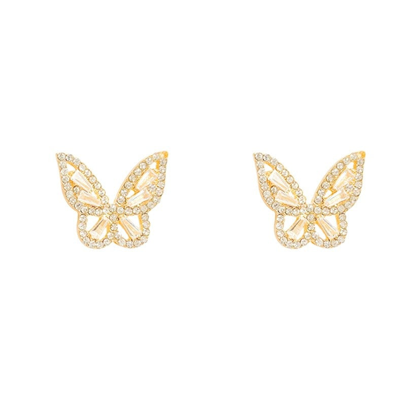 H - Diamond Butterfly 18K Plated Gold 925 Sterling Silver Needle Post Sparkling Cubic Zirconia Stud Earrings Chic Tiny Crystal Gift