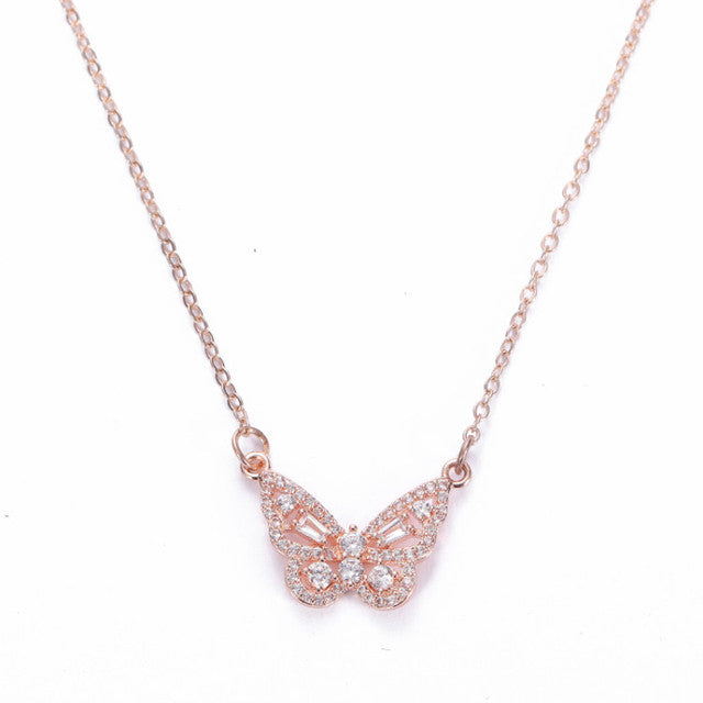 T - Gold Silver Plating Zircon Necklace Butterfly Pendant Charms Necklace Collar Jewelry