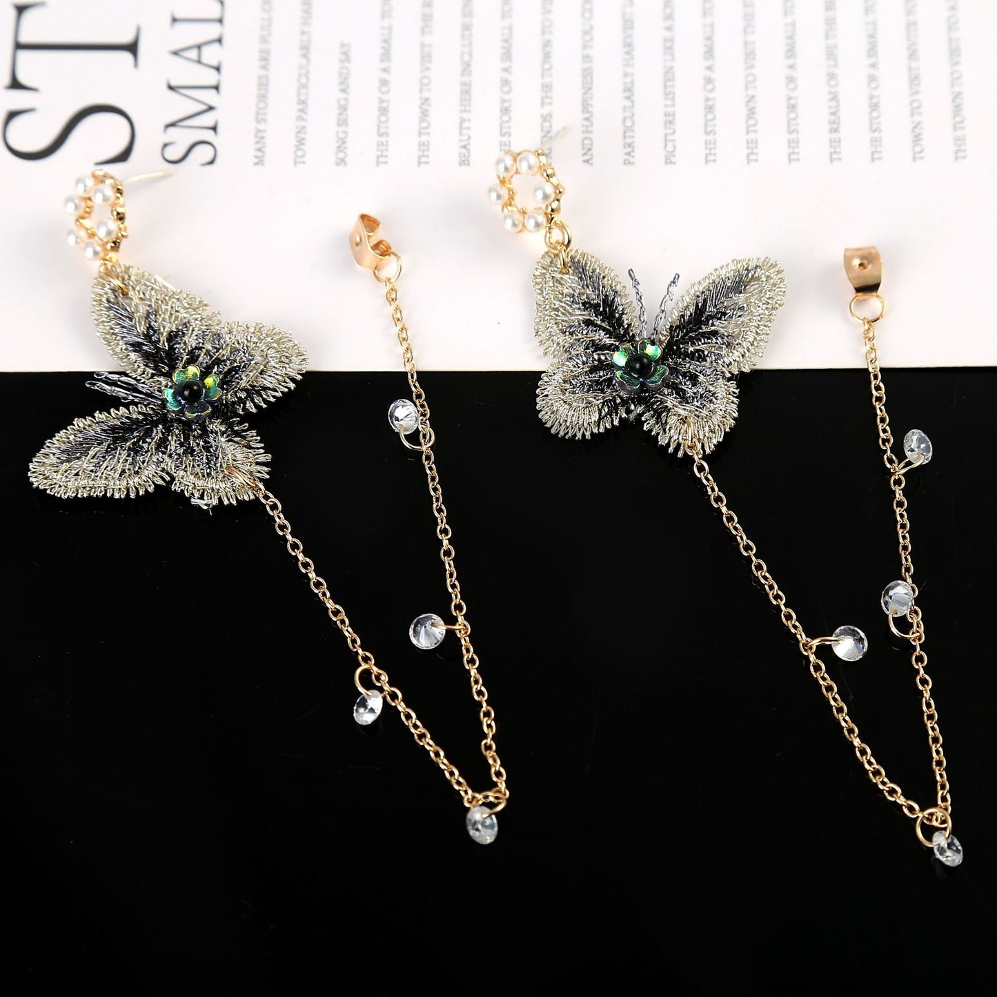 A - Embroidered Lace Butterfly Crystal Rhinestone Alloy Dangling Earrings Gift Women Birthday Elegant Modern Fashion