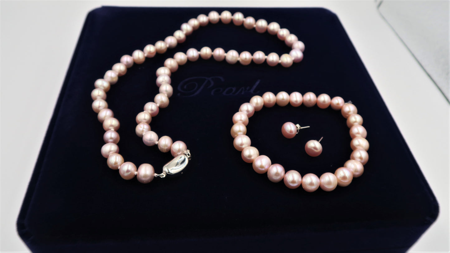 PA - Real Pearl Full Set Purple Necklace Bracelet Earring Celeste 925 Sterling Silver Pearls gift box