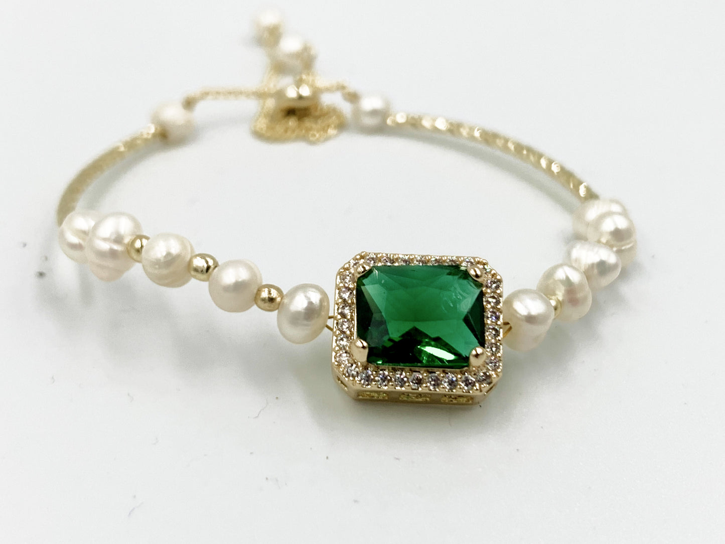 U - Green Gem Real Fresh Water Pearl Gold Bead Bracelets Gift