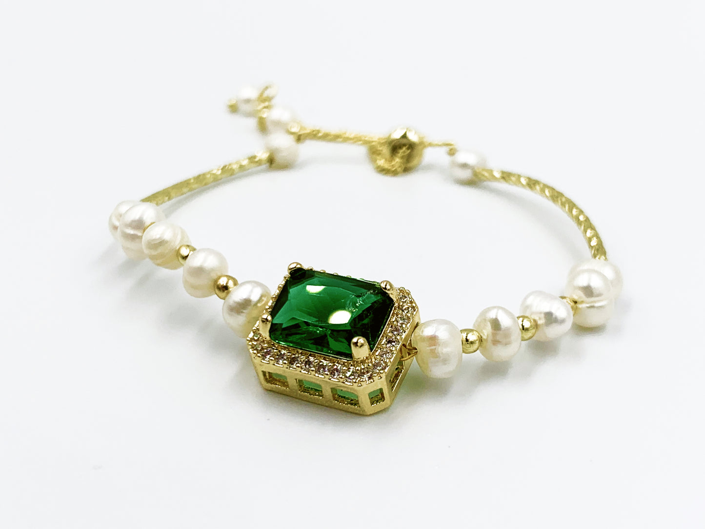 U - Green Gem Real Fresh Water Pearl Gold Bead Bracelets Gift