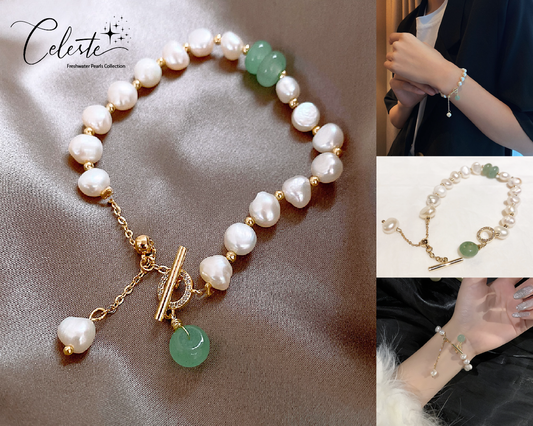 V - Real Jade & Fresh Water Pearl Crystal Charm Adjustable Bracelet Real Pearls White Baroque Gold Gift