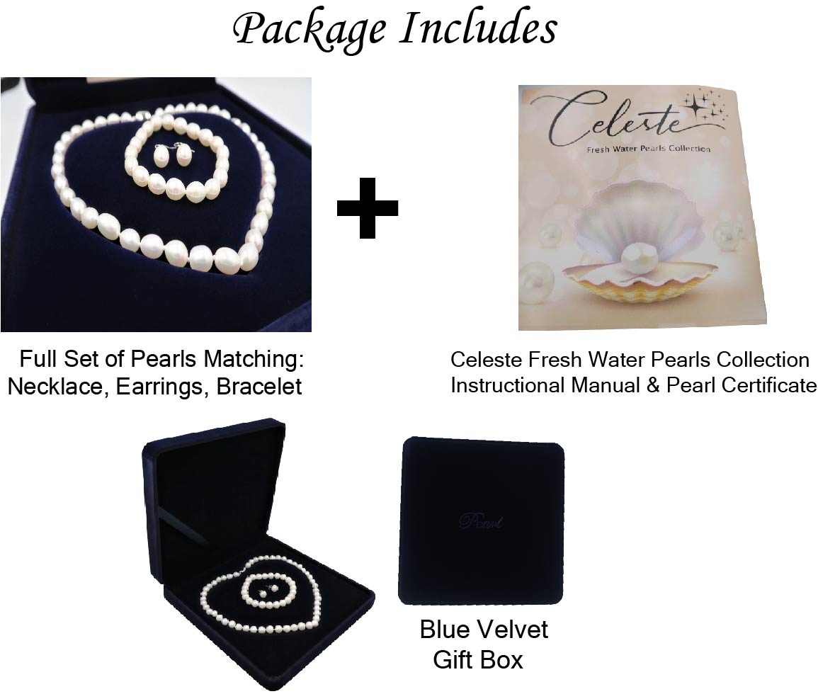 PA - Real Pearl Full Set Fresh Water Pearls Necklace Bracelet Earring Celeste 925 Sterling Silver White Round Pearls gift box