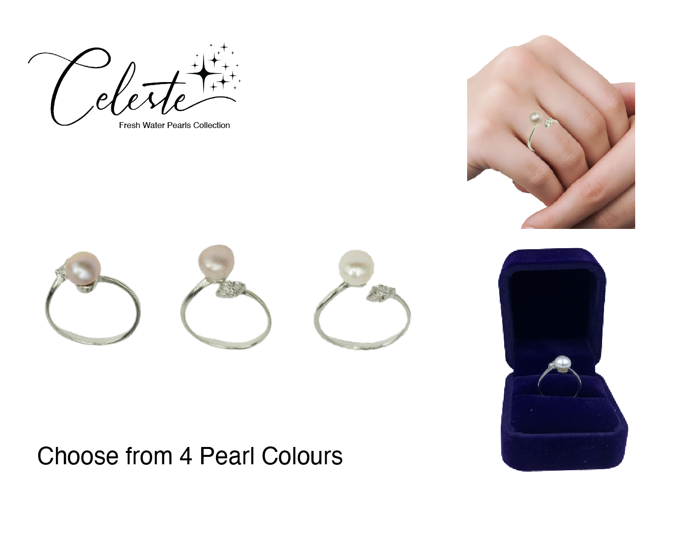 PL - Real Pearl Rings Button Open White, Pink, or Purple Celeste 925 Fresh Water Pearls Collection Sterling Silver gift box