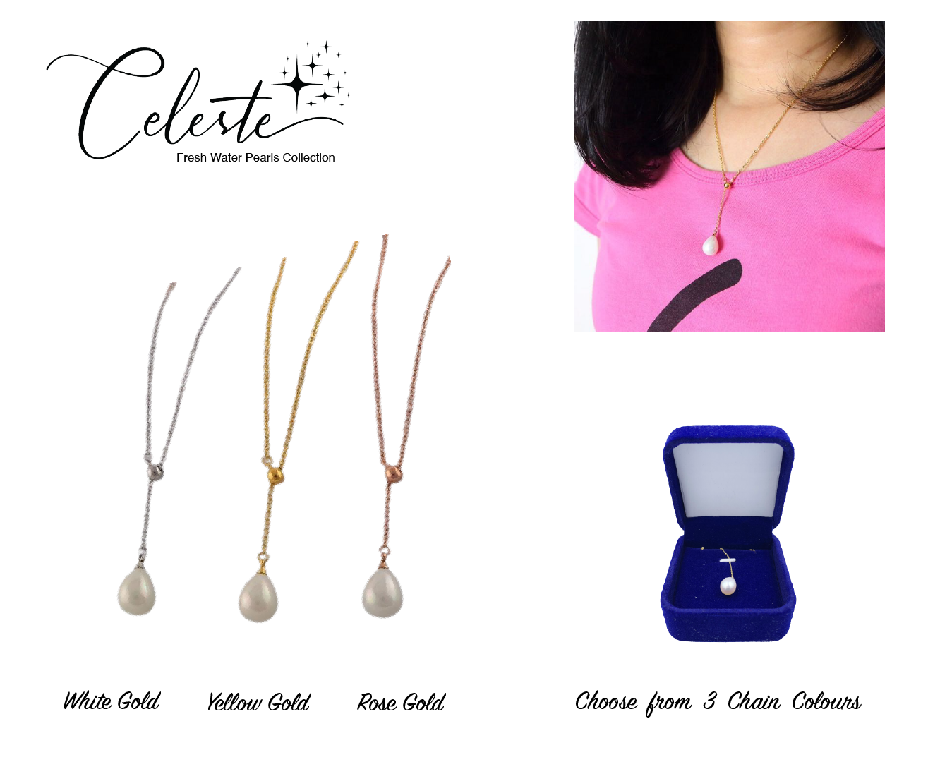 PA - Real Drop Pearl Pendant With 925 Sterling Silver White Gold, Yellow Gold, or Rose Gold Colour Chain Necklace With Celeste 925 Fresh Water Pearls Collection Sterling Silver gift box