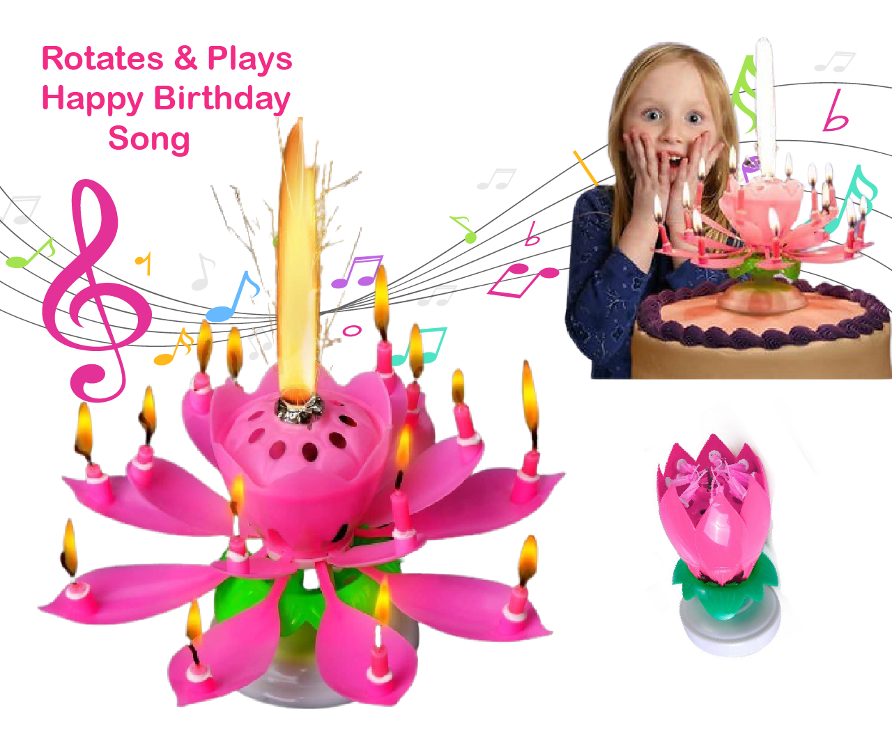 Pink Lotus Birthday Candle Musical Rotating Singing Music Happy BDay Flower Light Candles