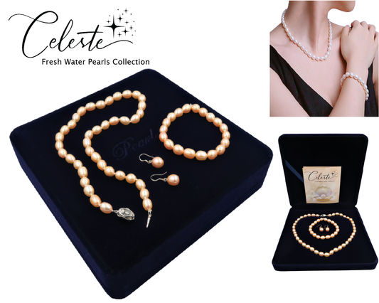 PC - Real Pearl Full Set Peach Pink Pearls Necklace Bracelet Earring Drop Rice Shape Celeste 925 Sterling Silver gift