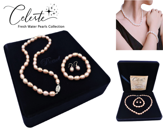 PC - Real Pearl Full Set Purple Pink Pearls Necklace Bracelet Earring Drop Rice Shape Celeste 925 Sterling Silver gift