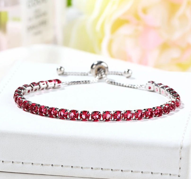 B - Crystal Adjustable Tennis Bracelets White Purple Red Green Pink in Silver & Rose Gold Alloy Gift