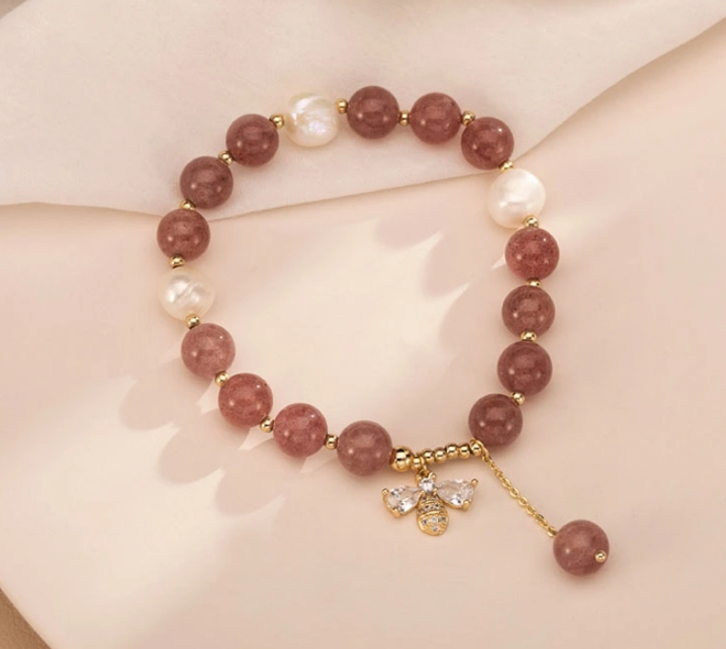 PL - Real Pearl Strawberry Pink Quartz Bee Charm Gold plated bead Bracelet Gift
