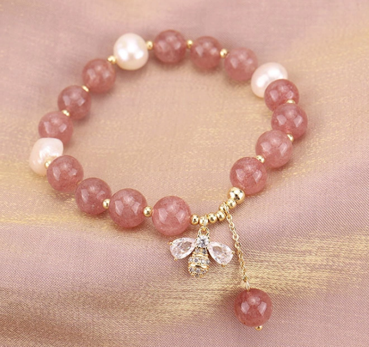 PL - Real Pearl Strawberry Pink Quartz Bee Charm Gold plated bead Bracelet Gift