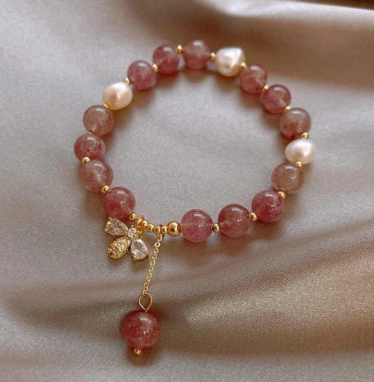 PL - Real Pearl Strawberry Pink Quartz Bee Charm Gold plated bead Bracelet Gift