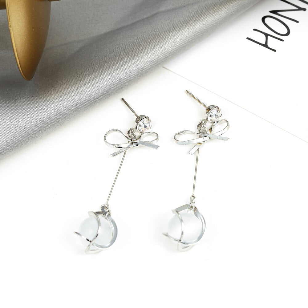 N - Opal Bead Bow Dangle Earrings 925 Sterling Silver Post Gold Drop Earrings Jewelry Gift Women