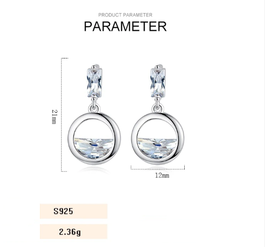 F - Circle Diamond Crystal 925 Sterling Silver Cubic Zirconia Dangle Earrings Gift