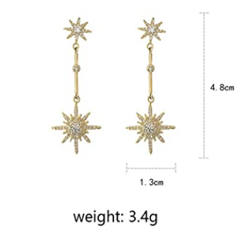 K - Star Burst Crystal Earrings Dangle Drop Diamond Cubic Zirconia 925 Sterling Silver Earring Gift