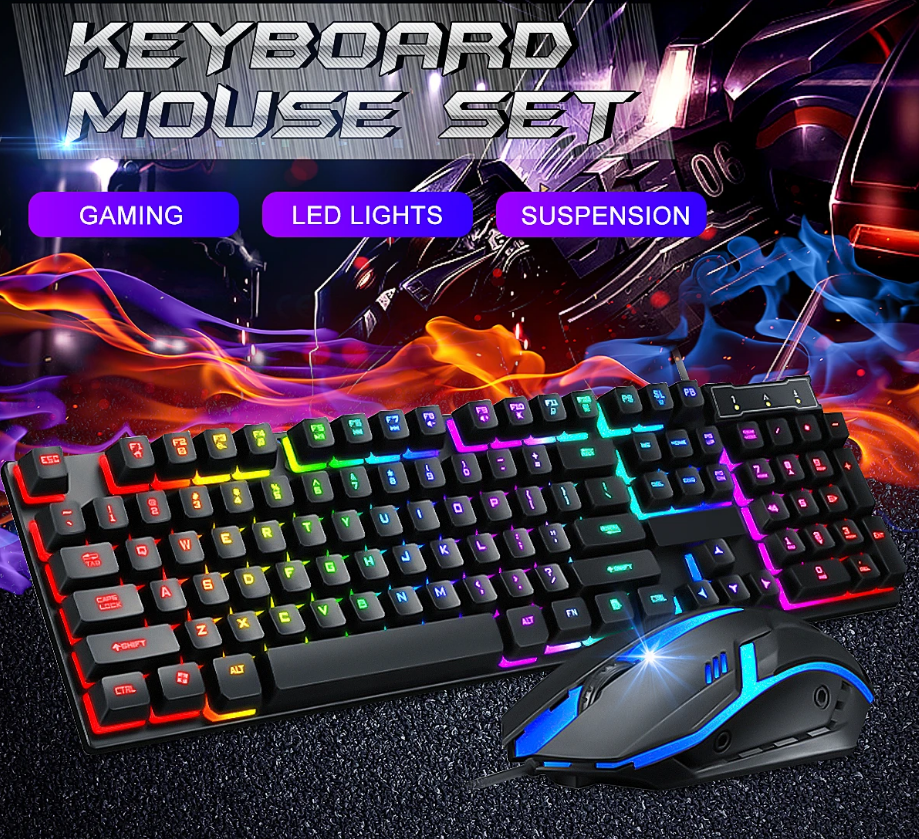 N - TF200 Rainbow Backlight Gaming Mechanical Keyboard and Mouse Set USB Wired 104 Keys LED For Windows PC