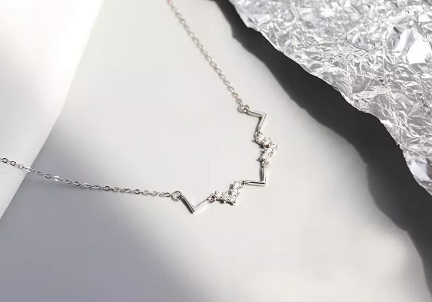 925 silver plated electrocardiogram CZ stone choker necklace