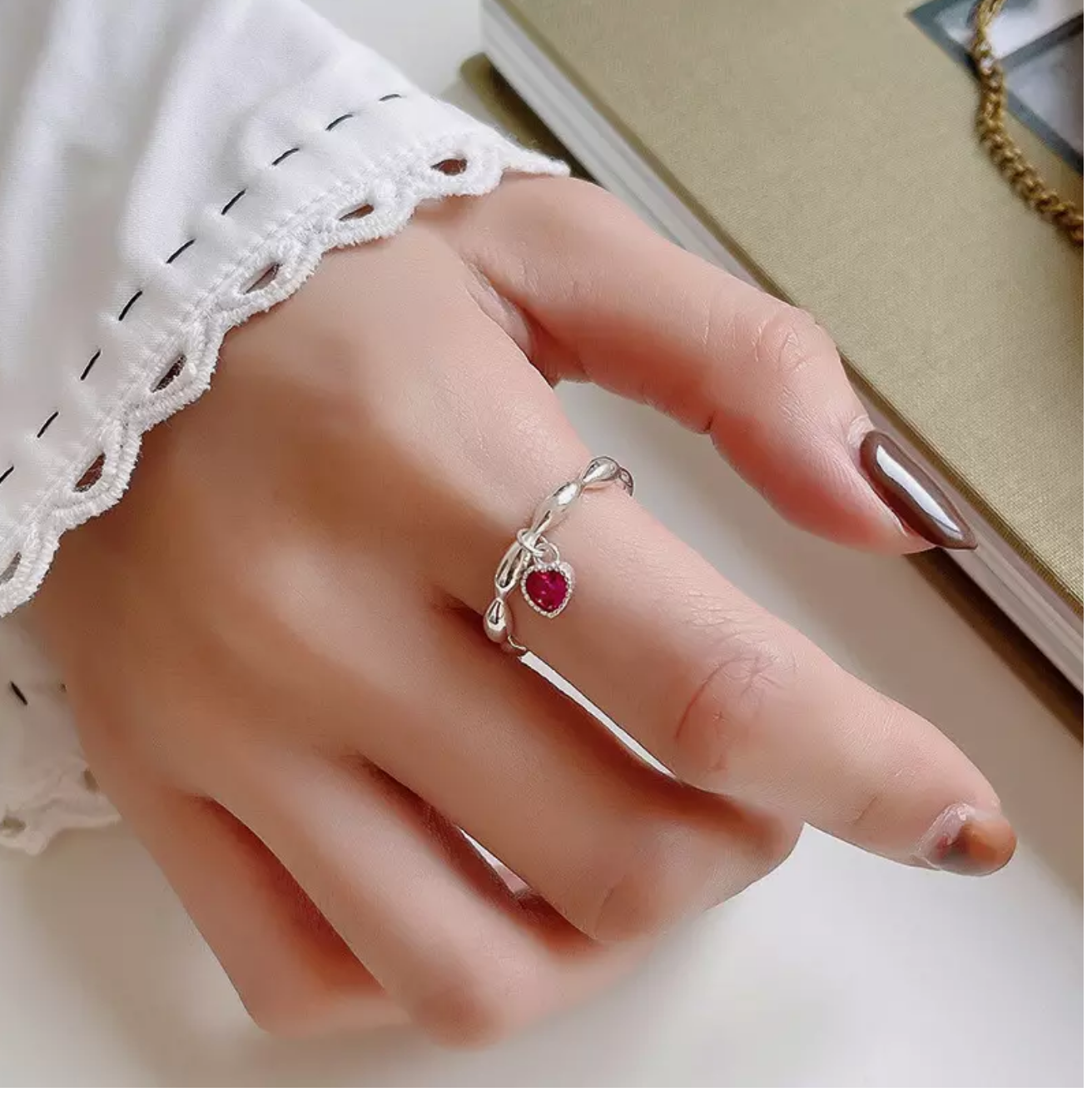 925 silver red heart charm ring