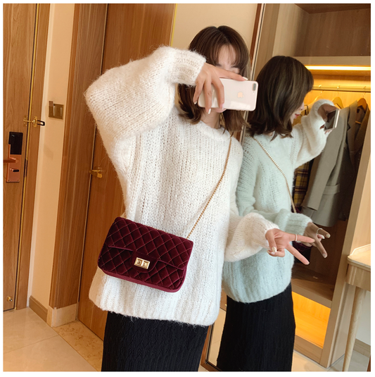 Diamond Lattice Small Square Bag Luxury Trendy Chain Crossbody Bags Soft Velvet Shoulder Handbags Women Bolsa de Hombro