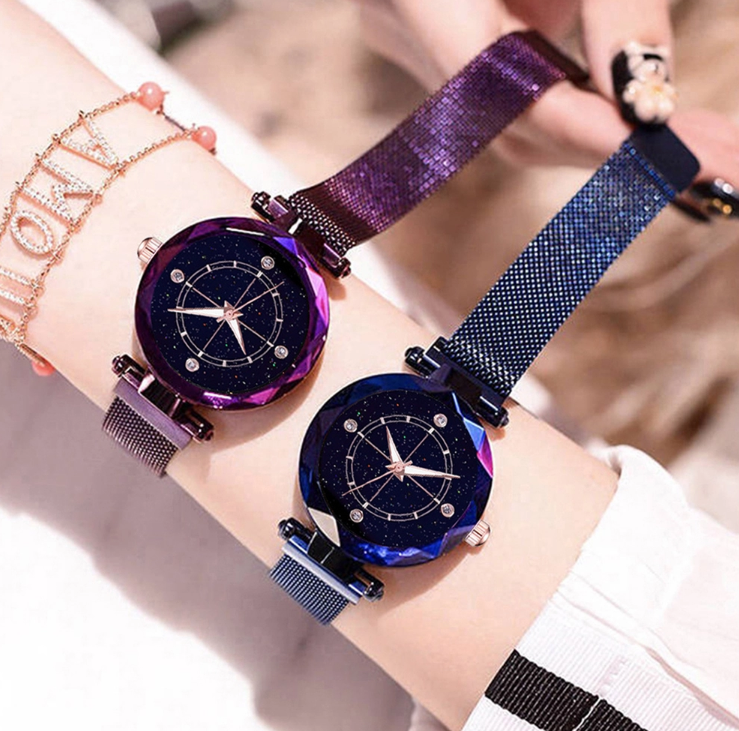 Star Dust Compass Crystal Watch Adjustable Stainless Steel Bracelet Rose Gold, Black, Chocolate and Purple