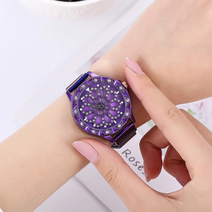 Rotating Crystal Flower Wrist Watch Adjustable Stainless Steel Bracelet Rose Gold, Black, Silver, Blue & Purple