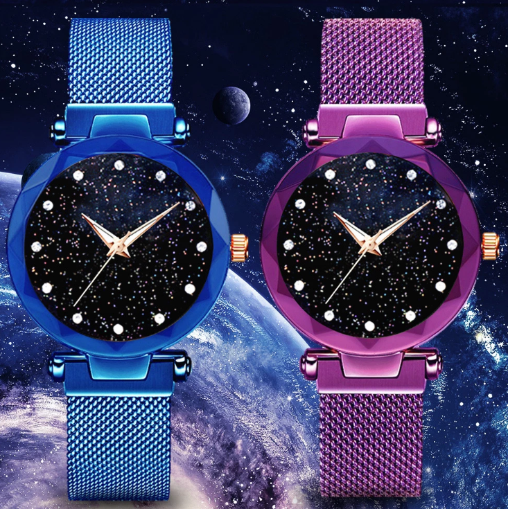 Star Dust Crystal Watch Adjustable Stainless Steel Bracelet Rose Gold, Black, Blue and Purple