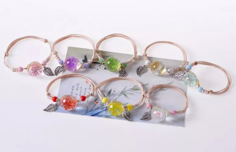 Z - Real Flower Glass Resin bead Preserved Dry Flowers Adjustable Bracelet Boho Friendship Gifts